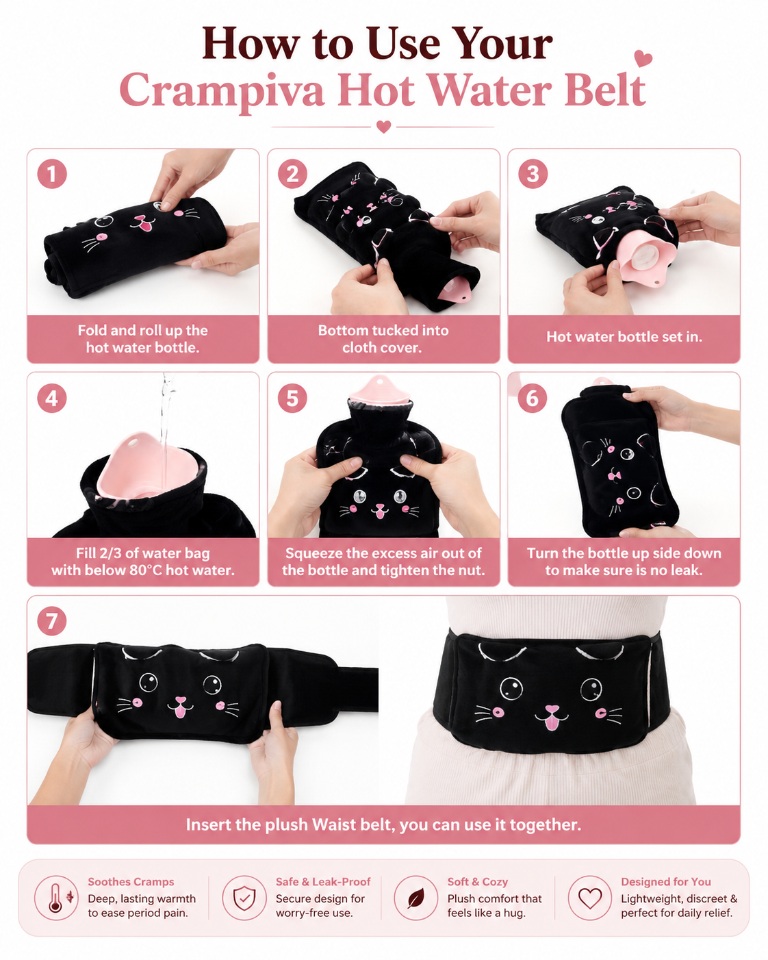 Cute Black Cat Warm Waist Hot Water Bag 3pcs Set