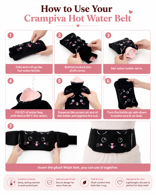Cute Black Cat Warm Waist Hot Water Bag 3pcs Set
